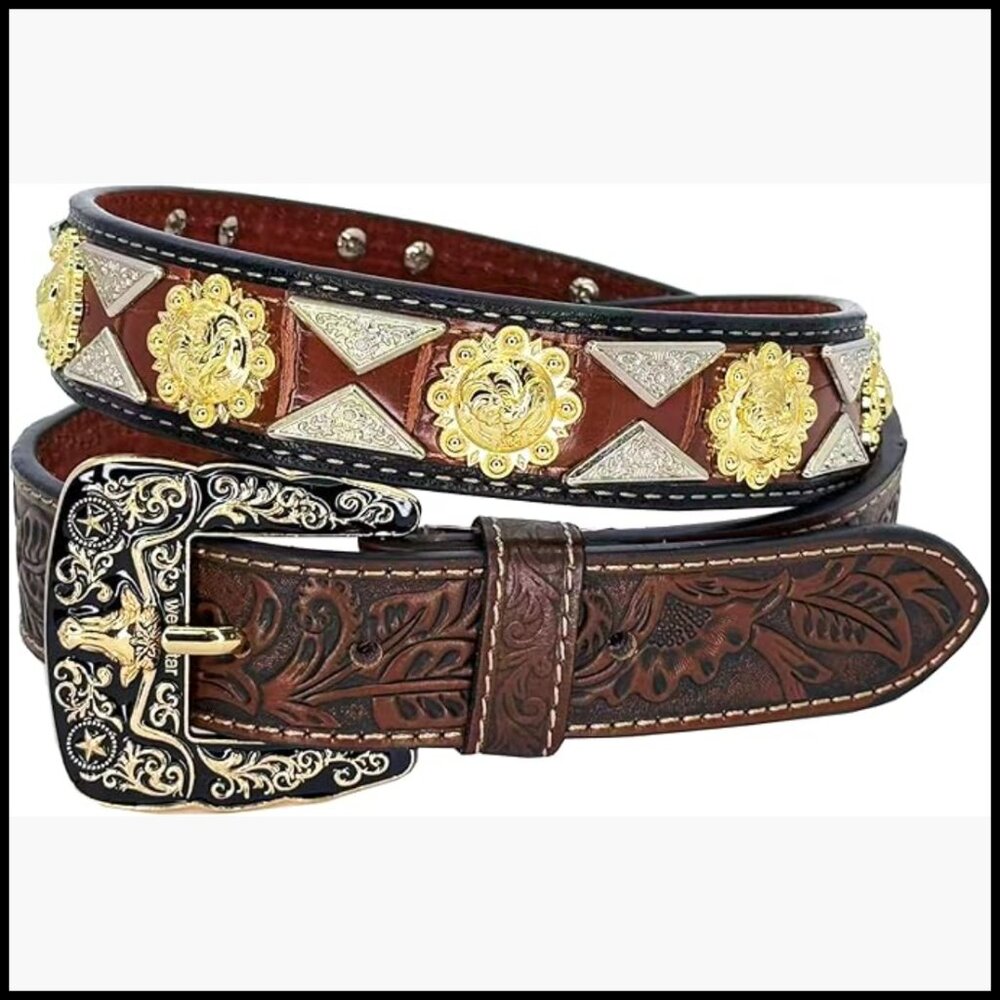 Genuine Leather Western Concho Belt with Tooled Embossing
